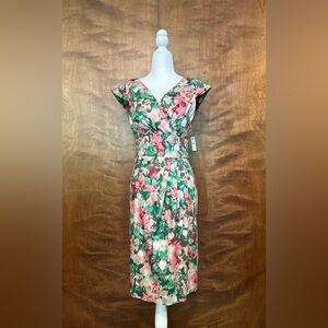 Talbots Cap Sleeve Side Pleat Sheath Dress Womens 10 Green Watercolor Easter NWT